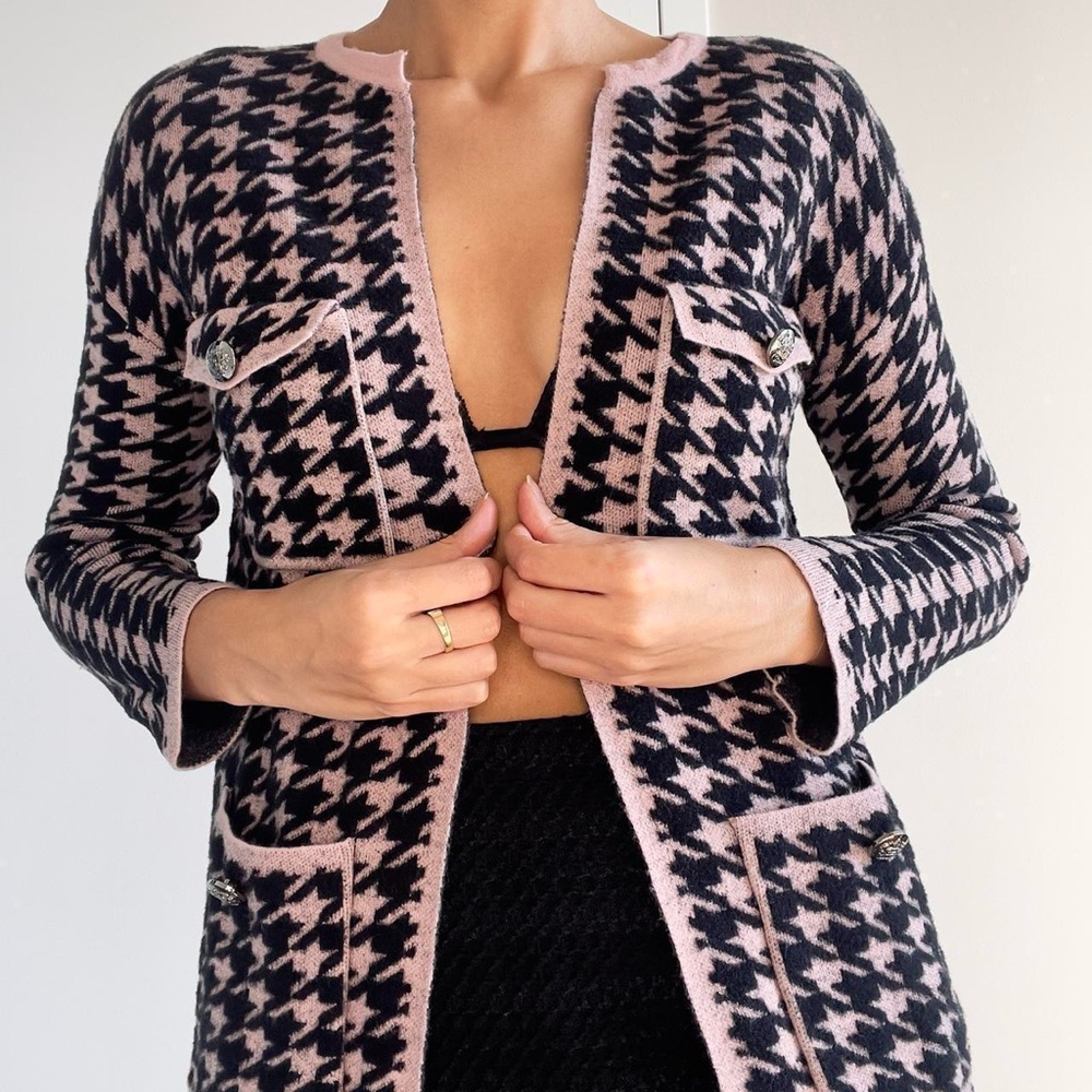 Pink & black houndstooth preppy long blazer cardigan | Size M